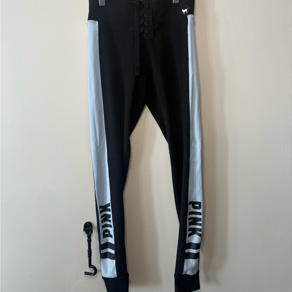 Victoria's Secret Pants - 2016 Victoria's Secret PINK Black Yoga Leggings – Blue Stripe & Corset Waist